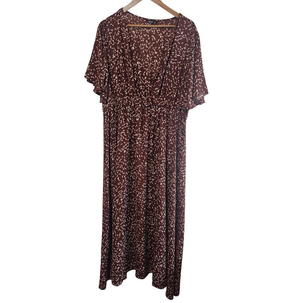 Floral Maxi Dress Womens 4X Brown V-Neck Fairy Boho Flirty Wedding Neutral